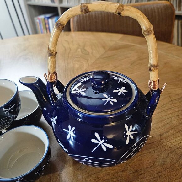 Dragonfly Teapot Set MIRA DESIGNS by FMC 4 cups tea/teapot set Navy Blue White - Picture 3 of 10